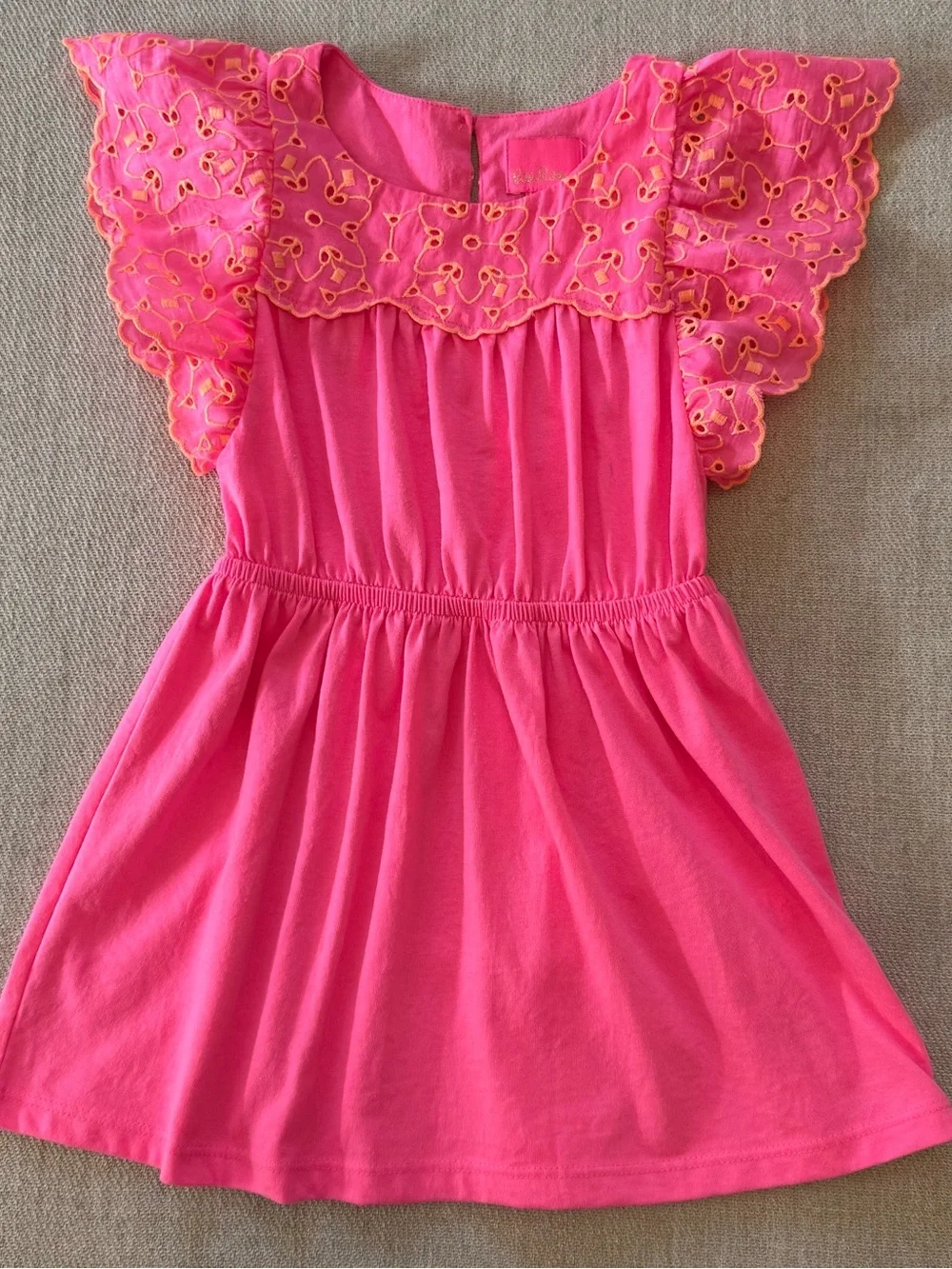 Lilly Pulitzer Girls Evette Dress Pink Isle XS (2-3) Eyelet Flutter Sleeve